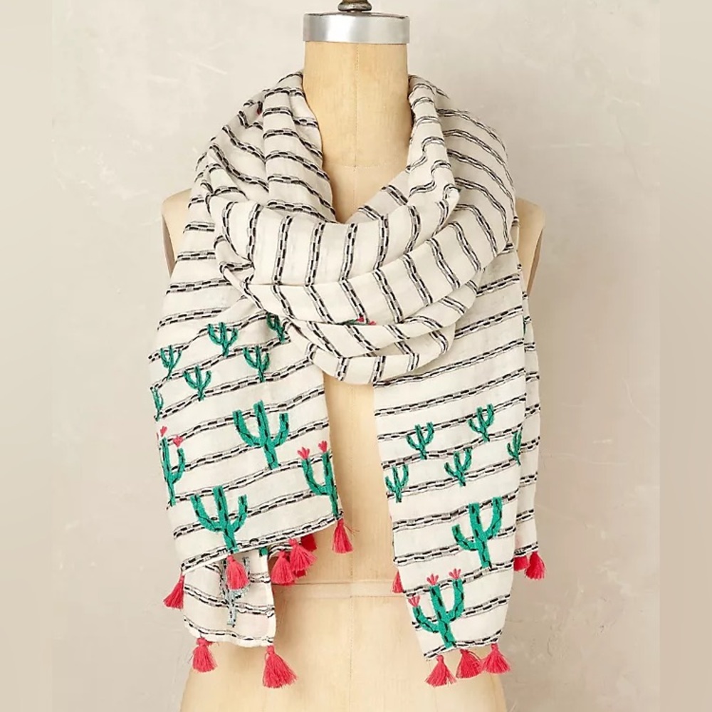 Anthropologie Cream Stripe Scarf with Green Cactus Embroidery & Pink Tassels